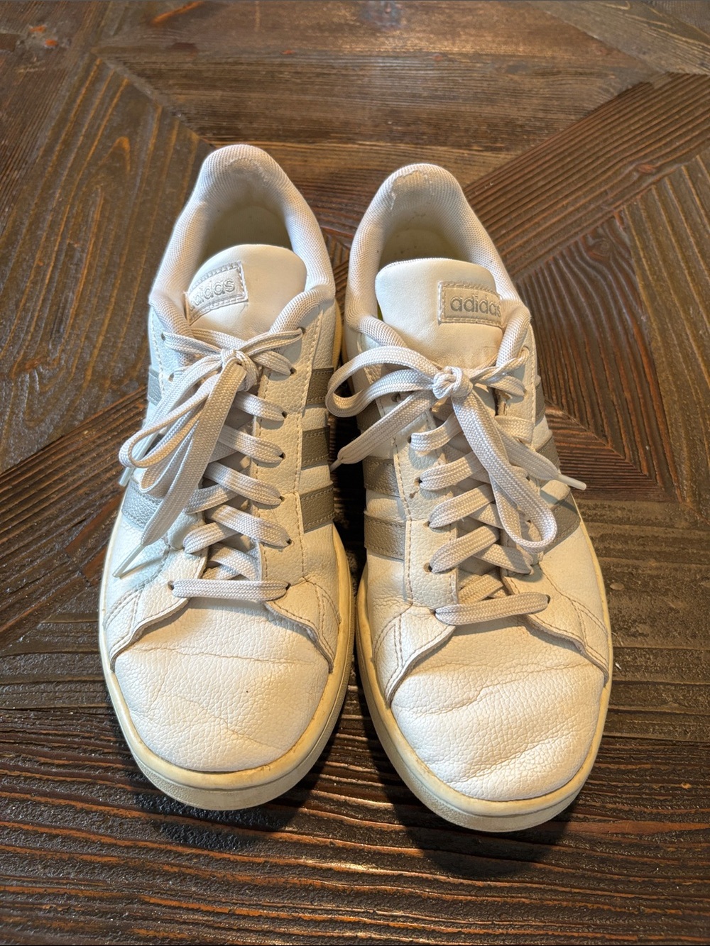 adidas Off-White Leather Sneakers with Light Gray Stripes-no insoles